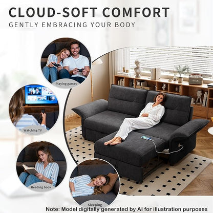 85" Pull Out Sofa Bed Full Size, Pre-Assembled Flannel Sleeper Sofa, Convertible Loveseat Futon Couch, Adjustable Armrest with USB, Pillows, for Apartment, Living Room, Small Spaces, Dark Grey