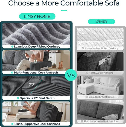 LINSY HOME Sectional Sleeper Sofa with Pull Out Couch Bed for Living Room (Grey) | Plush Corduroy