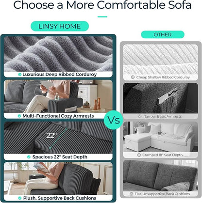 LINSY HOME Sectional Sleeper Sofa with Pull Out Couch Bed for Living Room (Grey) | Plush Corduroy
