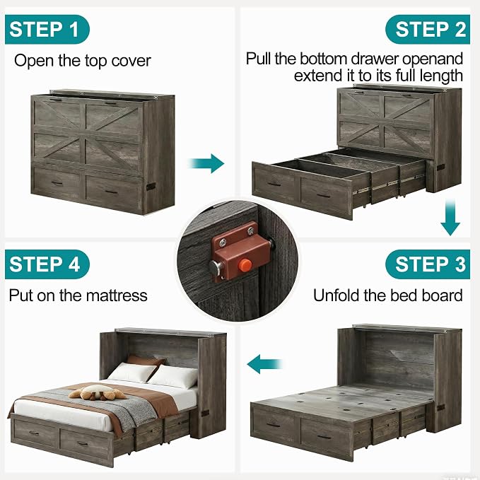 Queen Murphy Bed with Charging Station Large Storage Drawer Farmhouse Wood Space Saving Hidden Foldable Cabinet Bed for Bedroom Office School, Rustic Grey