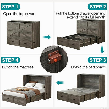 Murphy Bed Full Size Cabinet with Drawer Hidden Beds with Charging Station Farmhouse Wood Space-Saving Hidden Folding Chest Cabinet Bed for Bedroom, Office, School, Rustic Grey