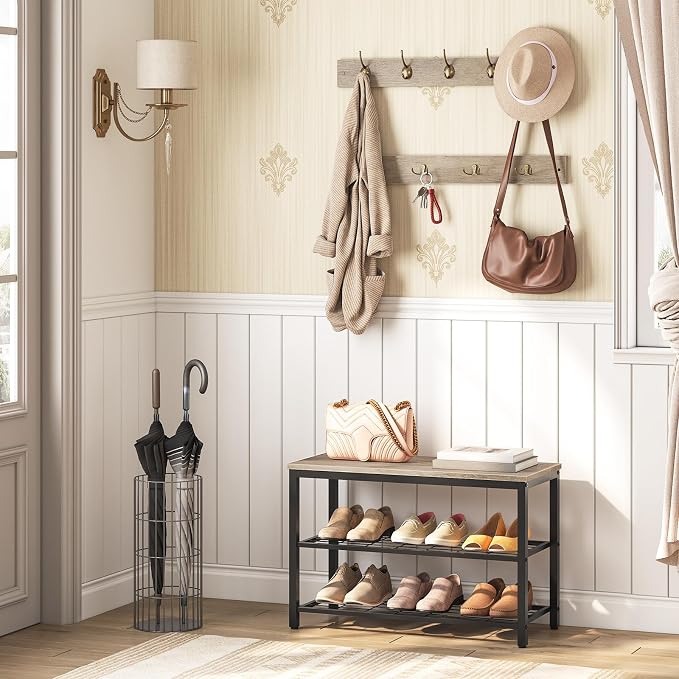 HOOBRO Hall Tree with Bench, Coat Rack Shoe Bench Set, Entryway Shoe Rack with Coat Hooks, Hall Tree Coat Rack, 27.6" L x 11.8" W x 18.1" H, Mud Room, for Foyer, Front Door, Greige BG07MT01