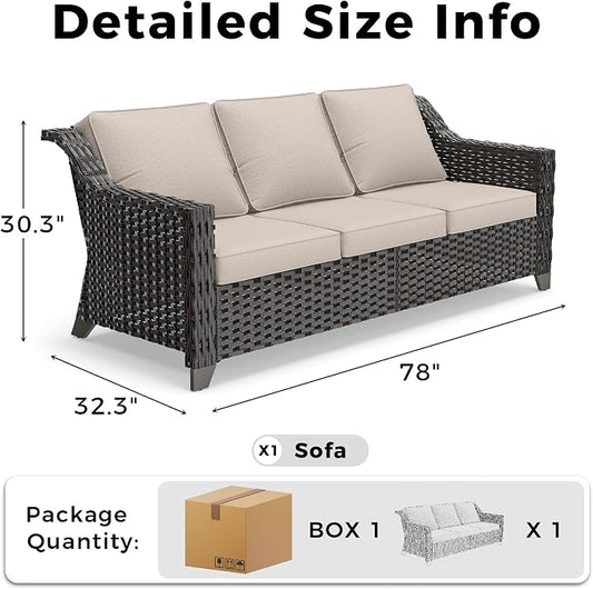 77'' Patio Sofa, All Weather Outdoor Rattan Wicker 3-Seat Sofa High Back Couch with Premium Cushions for Garden Backyard Porch(Brown/Beige)