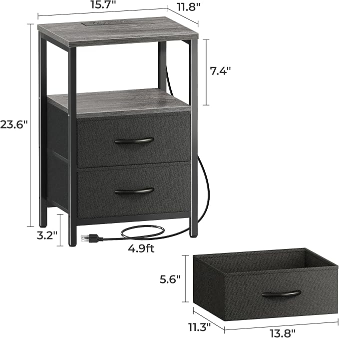 Huuger Nightstands Set of 2, End Tables with Charging Station, Side Tables with Fabric Drawers, Bedside Tables with USB Ports and Outlets, Night Stands for Bedroom, Charcoal Gray