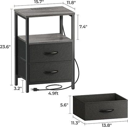 Huuger Nightstands Set of 2, End Tables with Charging Station, Side Tables with Fabric Drawers, Bedside Tables with USB Ports and Outlets, Night Stands for Bedroom, Charcoal Gray