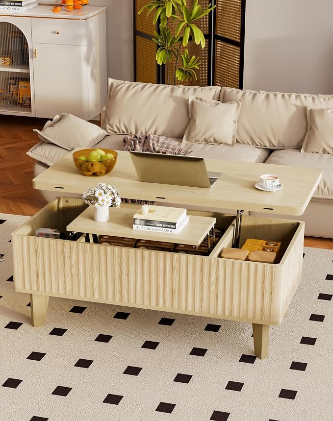 4 in 1 Coffee Table with Lifting Top, Modern Convertible Coffee Table with Storage Converts to Dining Table for Living Room, Oak