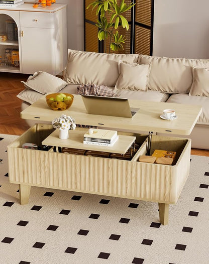 4 in 1 Coffee Table with Lifting Top, Modern Convertible Coffee Table with Storage Converts to Dining Table for Living Room, Oak