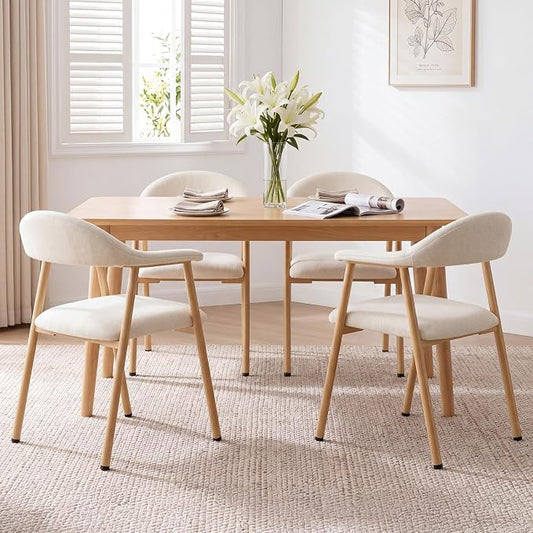 DUMOS Dining Chairs Set of 4, Linen Fabric Upholstered Kitchen Side Chairs with Curved Backrest & Metal Legs, Modern Farmhouse Accent Chair for Dining Room Kitchen Living Room Cafe, Beige