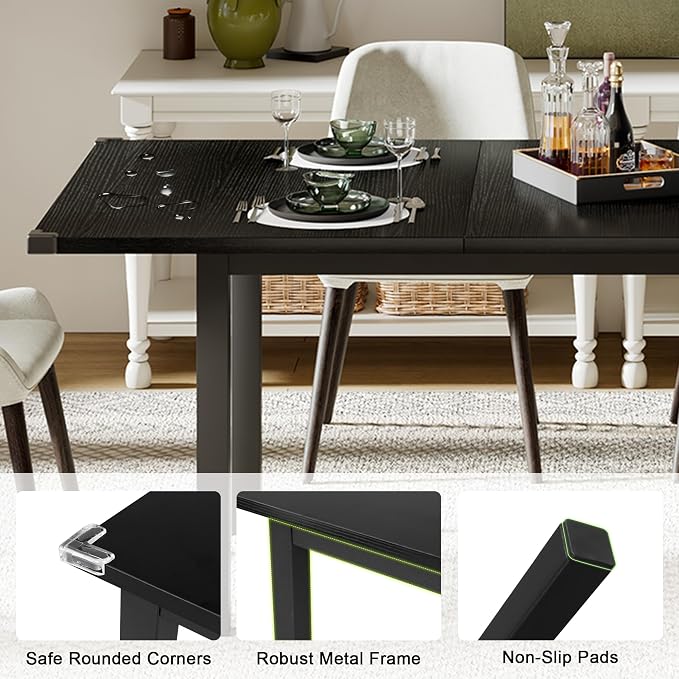 Feonase 63 Inch Extendable Kitchen Table, Modern Farmhouse Dining Table for 4-8, Wooden Dining Room Table for Small Space, Dining Room, Home Office, Living Room Furniture,Black