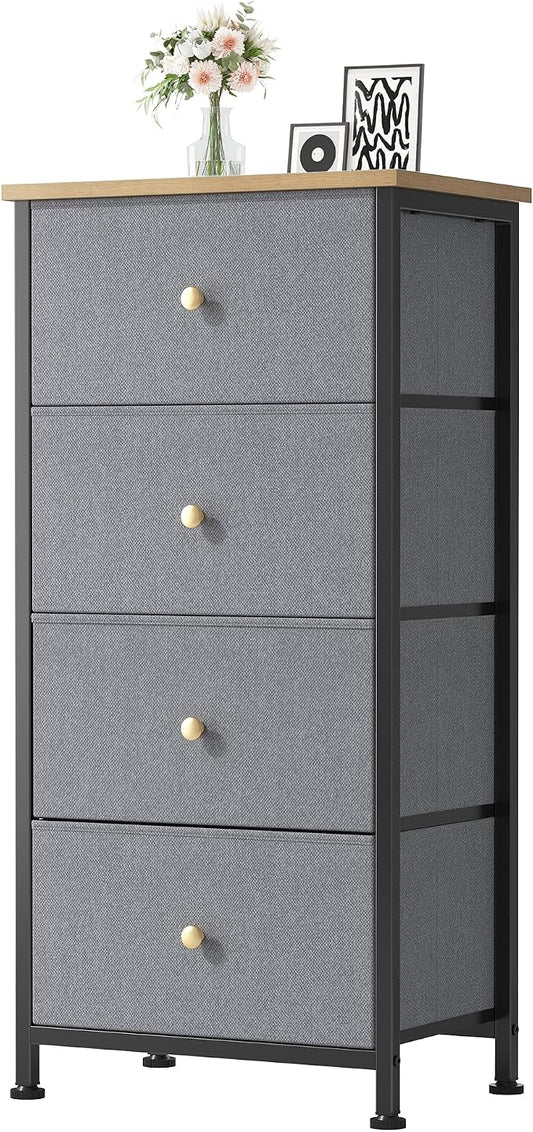DUMOS Nightstand with 4 Drawers Bedside Table with Removable Fabric Bins Sturdy Steel Frame Wood Top Organizer Furniture for Bedroom Closet Living Room, Dusty Blue