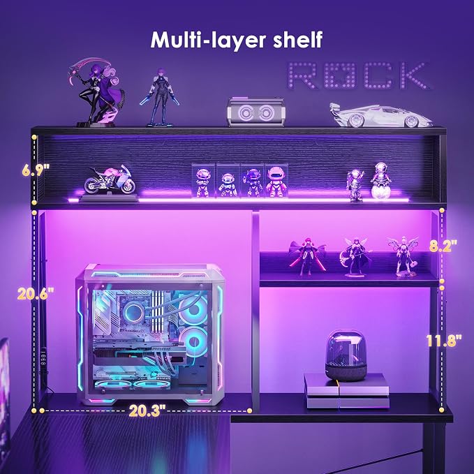 AODK L Shaped Gaming Desk with Led Lights, 59 Inch Reversible Gaming Computer Desk with Display Shelves, PC Gamer Desk Gamer Table with Storage Bag, L Desk for Game, Black
