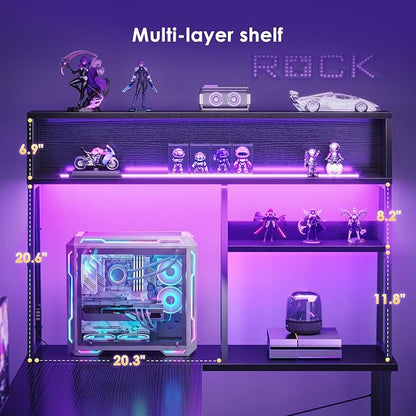 AODK L Shaped Gaming Desk with Led Lights, 59 Inch Reversible Gaming Computer Desk with Display Shelves, PC Gamer Desk Gamer Table with Storage Bag, L Desk for Game, Black