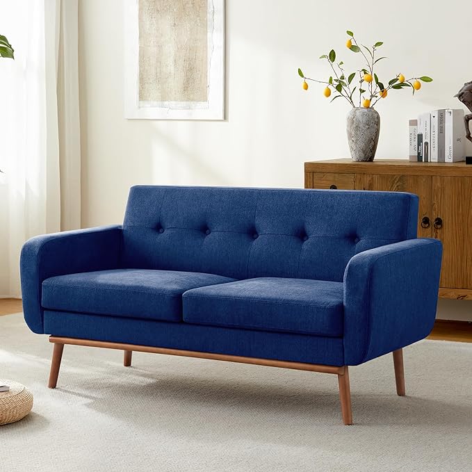 HUIMO Sofa Couch, Mid Century Modern Sofa with Solid Wood Frame, Button Tufted Couch for Bedroom, Living Room, Office, Apartment (Dark Blue, 60 inch)