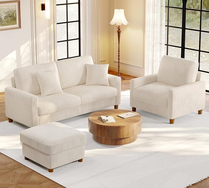 Welzona 70.2" Couches for Living Room, Comfy Sofa Set Tool-Free Setup, Corduroy Couch Set 7.1" Thicker Cushion, Accent Chair with Ottoman 848lbs Support, Sofas for Living Room Home Office, Beige