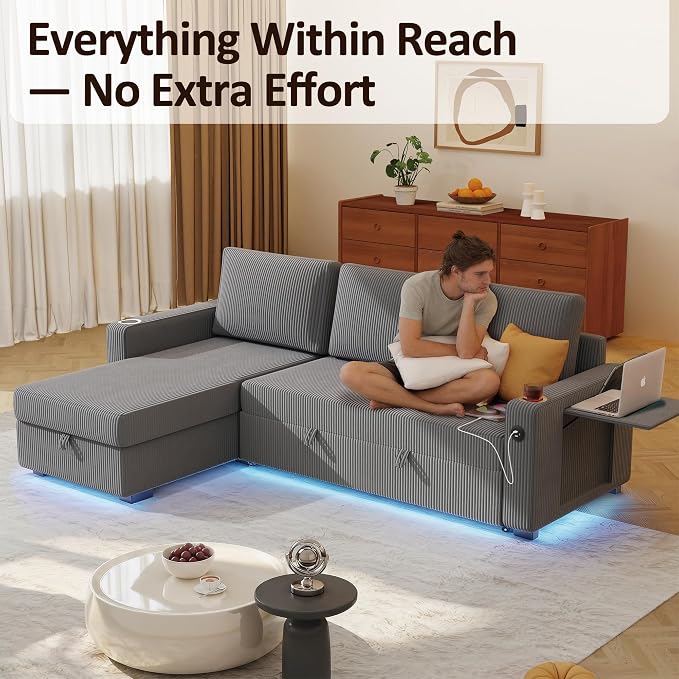 Ball & Cast 80" Sectional Sleeper Sofa Bed Pull Out Couches for Living Room | L Shaped Convertible Pull Out Sofa Bed with Storage Chaise, LED Lights, Foldable Table, USB Ports, Cup Holder and Side Pocket