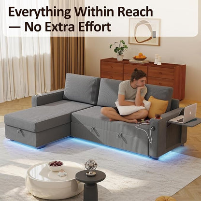 Ball & Cast 80" Sectional Sleeper Sofa Bed Pull Out Couches for Living Room | L Shaped Convertible Pull Out Sofa Bed with Storage Chaise, LED Lights, Foldable Table, USB Ports, Cup Holder and Side Pocket