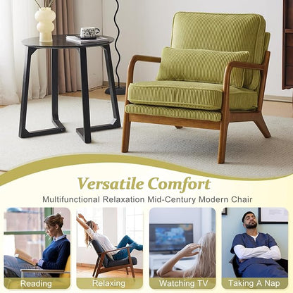 VINGLI Upgraded Premium Corduroy Accent Chair,Upholstered Arm Chair,Solid Wood Comfy Reading Chair with Pillow, Mid Century Modern Chairs for Living Room,Bedroom,Guest Room,Green