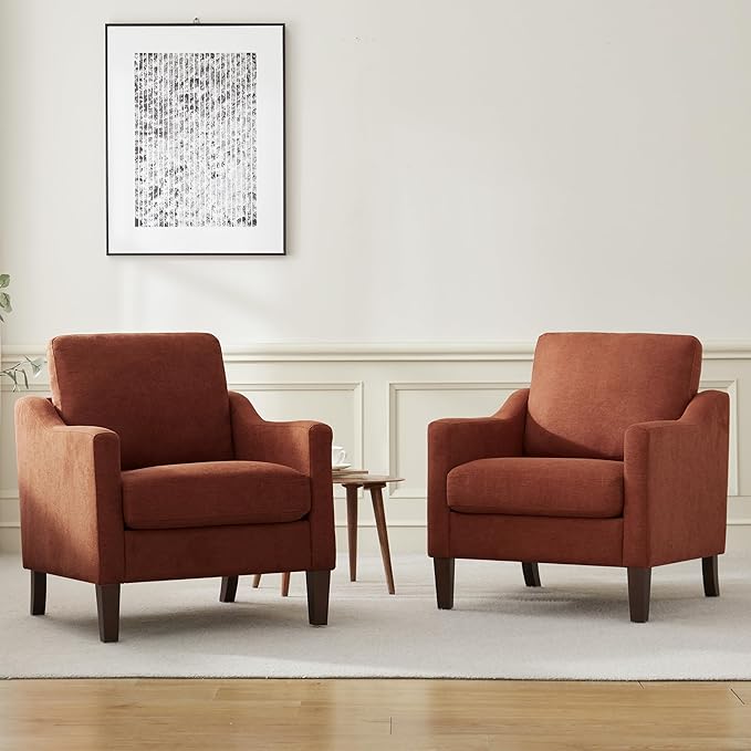 VKNOW Mid Century Modern Accent Chair, Upholstered Living Room Chairs Armchair for Bedroom, Comfy Reading Accent Chairs with Wood Legs for Living Room (1, Orange)