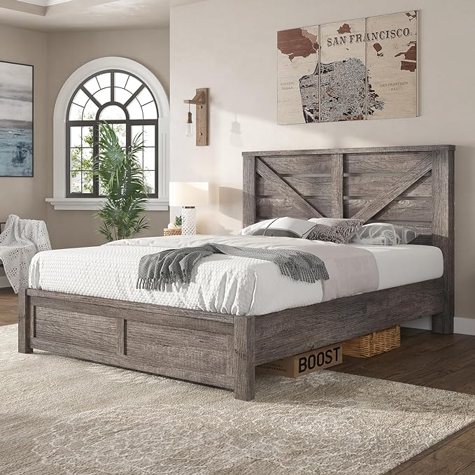AMERLIFE Full Size Bed Frame with 49.2" Barn Door Headboard and Footboard, Farmhouse Platform Bed Frame with Wood Slats, No Box Spring Needed, Under Bed Storage, Rustic Gray