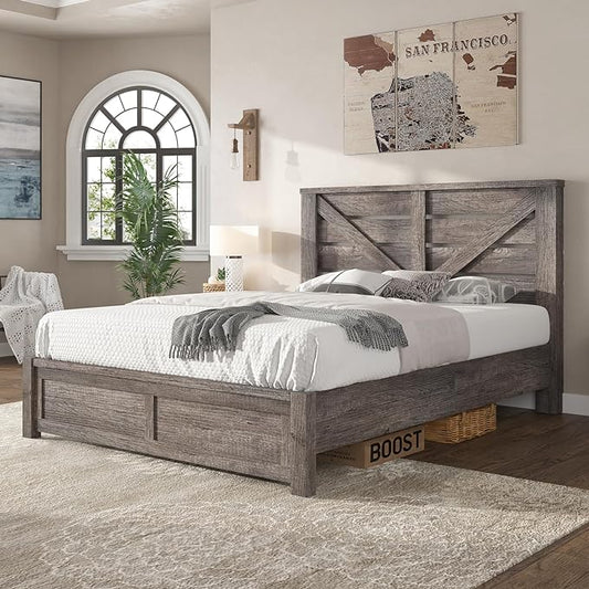 AMERLIFE Full Size Bed Frame with 49.2" Barn Door Headboard and Footboard, Farmhouse Platform Bed Frame with Wood Slats, No Box Spring Needed, Under Bed Storage, Rustic Gray