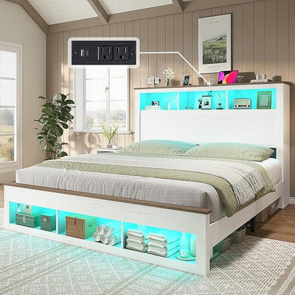 AMERLIFE 3-piece Farmhouse Bedroom Furniture Set, Includes 1 King LED Platform Bed Frame with Bookcase Storage Headboard, Footboard & Charging Station, and 2 Nightstands with Drawers, Distressed White