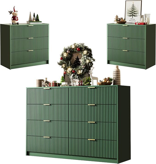MAISONARIA 3-Piece Dresser Bedroom Set, 8 Drawer Dresser & 3 Drawer Nightstands with Gold Handles, Fluted Wood Chest of Drawers for Bedroom, Living Room, Entryway, Green