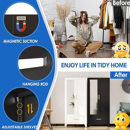 GAIOUS Steel Armoire Wardrobe Closet with Mirror Door and Drawer 71" Black | Household Wardrobe Cabinet with Hanging Rod, Metal Clothing Storage Cabinet with Adjustable Shelf for Bedroom, Cloak, Gym