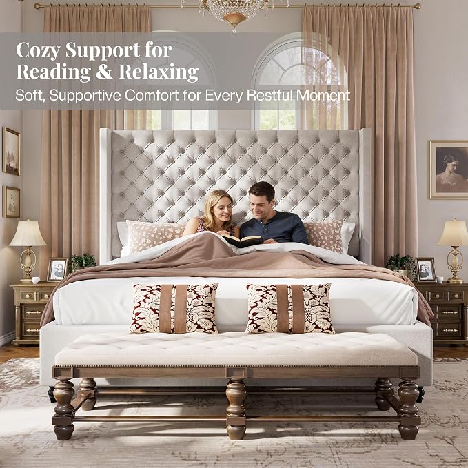 Jocisland King Size Bed Frame with 65" Tall Headboard, Upholstered Wingback Platform Design, Handcrafted Pleats & Deep Button Tufted, Solid Wood Legs, No Box Spring Needed, Ash White