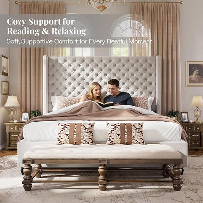 Jocisland Queen Size Bed Frame with 63" Tall Headboard, Upholstered Wingback Platform Design, Handcrafted Pleats & Deep Button Tufted, Solid Wood Legs, No Box Spring Needed, Ash White