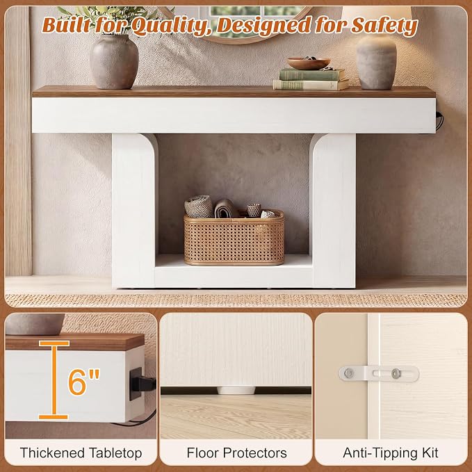Homieasy Console Table, 63" Entryway Table with LED Lights & Charging Station, Farmhouse Wooden Sofa Table Behind Couch, Narrow Hallway Table for Living Room, Foyer, Entry, Antique White & Brown