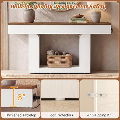 Homieasy Console Table, 63" Entryway Table with LED Lights & Charging Station, Farmhouse Wooden Sofa Table Behind Couch, Narrow Hallway Table for Living Room, Foyer, Entry, Antique White & Brown