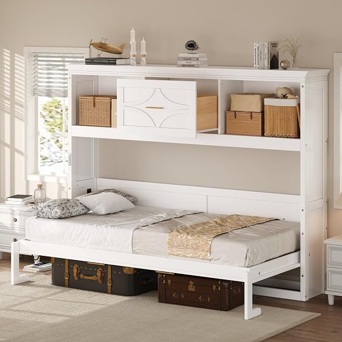 MERITLINE Twin Horizontal Murphy Bed with Storage Bookcase Shelves & Drawer and Charging Station,Solid Wood Farmhouse Murphy Wall Bed with Storage, Slat Support (White)