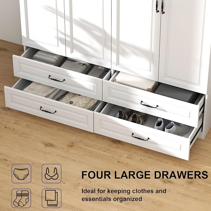 White Armoire Wardrobe Closet: 88" Extra Tall Wardrobe Closet with 4 Drawers, Bedroom Armoires with 4 Doors, Wood Large Armoire with Top Cabinet (White, 63")