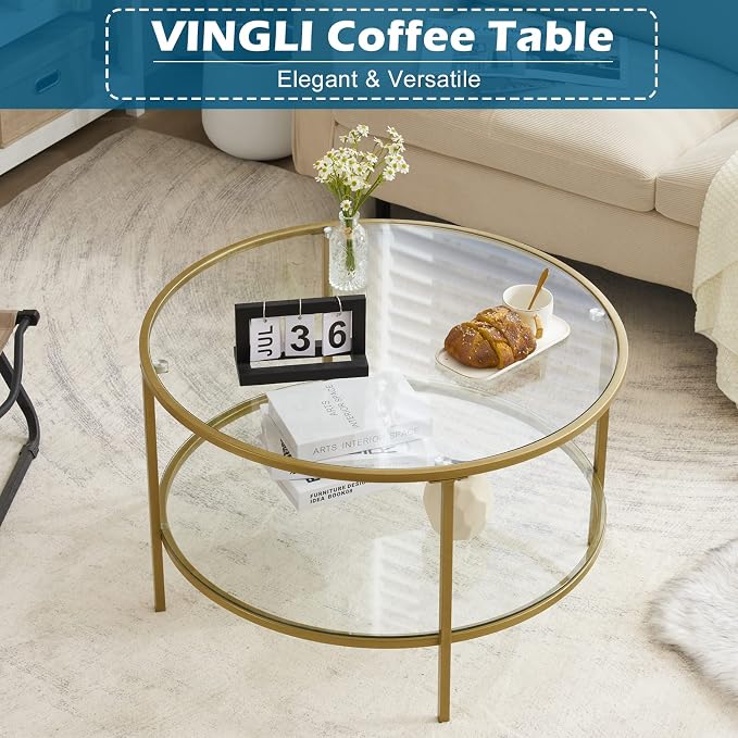 VINGLI Glass Coffee Table, 30" Round Champagne Gold Coffee Tables for Living Room,2-Tier Glass Top Coffee Table with Storage Clear Coffee Table,Simple & Modern Center Table Mesa de Centro para Sala
