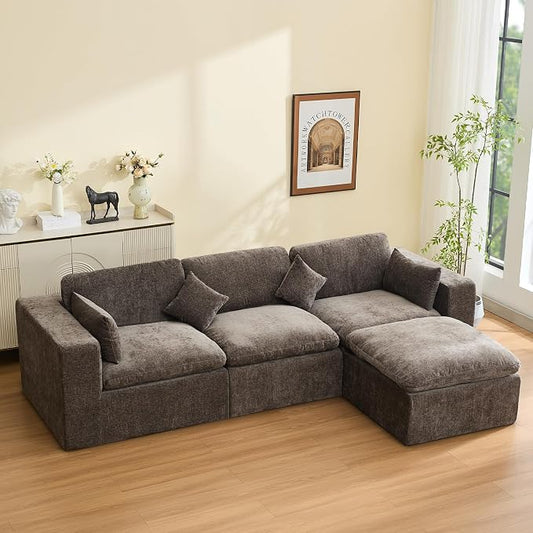 115''Cloud Boneless Sectional Couch, Modular Sectional Sofa Deep Seat with Ottoman, Oversized Upholstered Convertible Comfy 4 Seater Chenille Sofa L Shape Couches for Living Room, Brown
