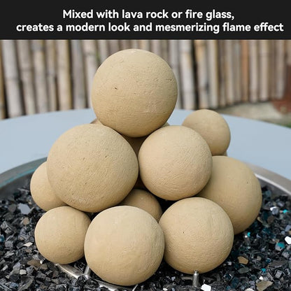 Skyflame 3" Ceramic Fire Pit Balls, Set of 15 Round Beige Fire Spheres for Indoor and Outdoor Fire Pits or Fireplaces