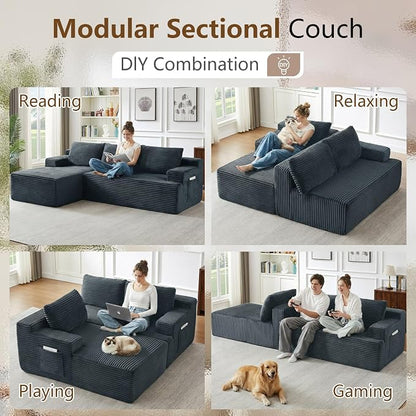 96" Cloud Sectional Couch with L-Shape Chaise, Modular Comfy Sofa Chaise Longue, Upholstered Corduroy Couches Sleeper with Deep Seat for Living Room Bedroom, No Assembly Required(Grey, Left Facing)