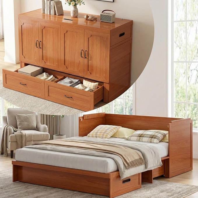 Mjkone Queen Murphy Bed with Mattress Include, Murphy Cabinet Bed with USB Charging Station, Hidden Cube Cabinet Beds with Large Storage Drawer for Bedroom Guest Room Home Office, Cherry