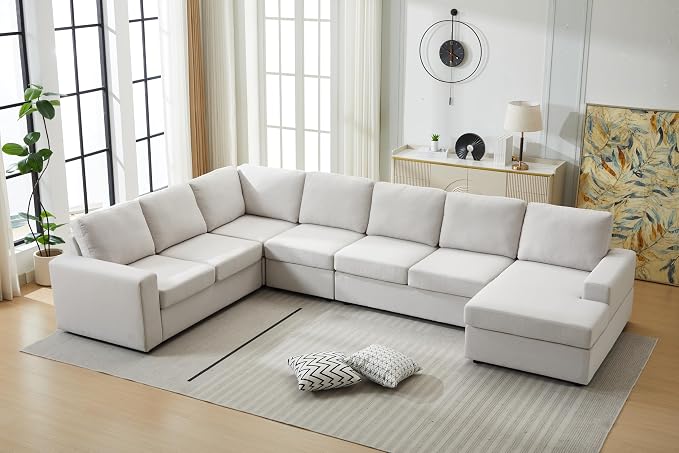 Ball & Cast 147" L-Shaped Sectional Couch for Living Room with Reversible Chaise & Removable Back Cushions,7 Seat Linen Upholstered Convertible Sectional Sofa Set,DIY Combination,for Home,Office,Beige