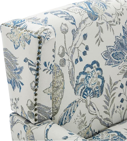 High Back Accent Chair, Fabric Upholstered Armchair Floral Wingback Chair for Living Room, Comfy Single Sofa Bedroom Reading Seat with Solid Wood Legs - Plants Blue