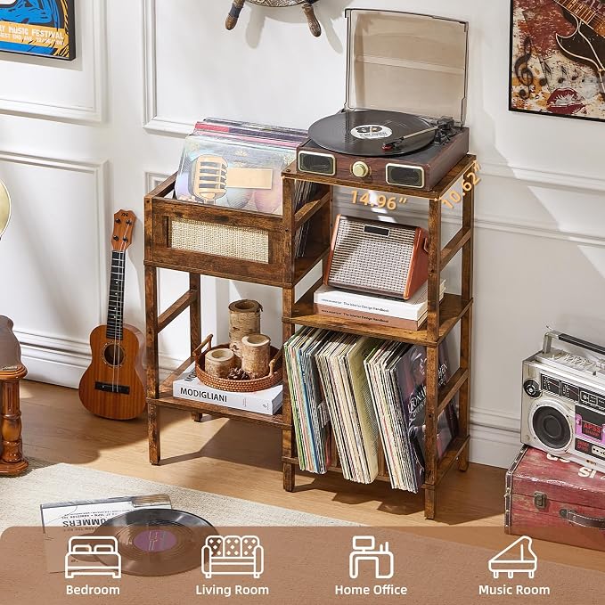 LELELINKY Record Player Stand, Vintage Brown Wood Record Holder with Vinyl Storage Holds up to 300+ Albums, 3-Tier Rattan Media Table with Vinyl Display Shelf, Record Storage Cabinet for Living Room