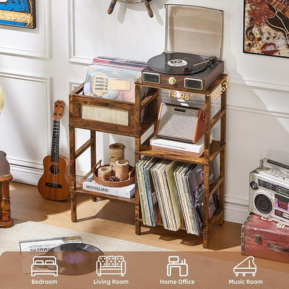 LELELINKY Record Player Stand, Vintage Brown Wood Record Holder with Vinyl Storage Holds up to 300+ Albums, 3-Tier Rattan Media Table with Vinyl Display Shelf, Record Storage Cabinet for Living Room