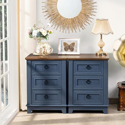 Joaxswe Night Stand Set of 2, Farmhouse 18" End Table with 3 Drawer Metal Handle, Dresser for Bedroom, Sofa Bed Side Table Chest of Drawers,Wood Nightstand Cabinet for Organizer, Living Room-Blue