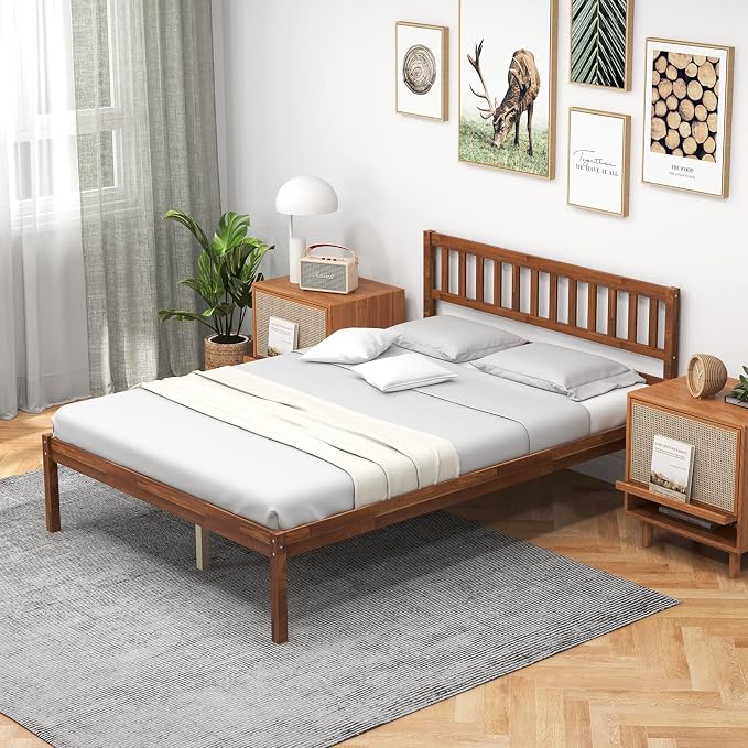Giantex Wood Full Size Bed Frame with Headboard, Mid Century Solid Wood Bed with Slat Support, No Box Spring Needed, Double Bed Frame with 16" Under Bed Storage, Walnut
