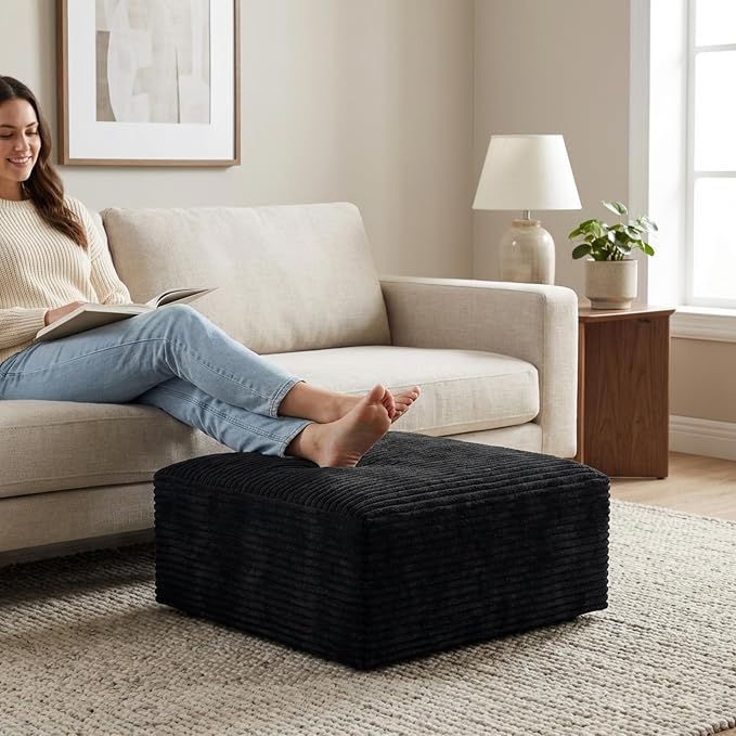 Oversized Boneless Ottoman for Living Room – Plush Square Corduroy Upholstered Couch Ottoman, Modern Low-Profile Footrest for Sectional & Modular Sofa-Black