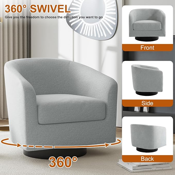Swivel Accent Chairs Set of 4, Chenille Barrel Chair Upholstered Armchair for Living Room, Modern Round Arm Chair Small Single Sofa Bedroom Reading Seat - Light Gray