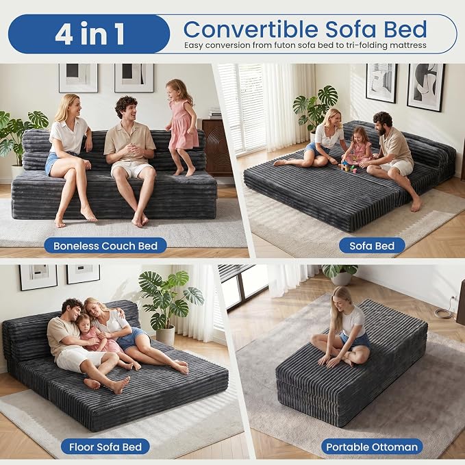 Erament Tri-Fold Futon Sofa Bed, 6 Inch Foldable Floor Couch, High-Density Foam Convertible Sleeper Sofa with Removable Washable Corduroy Cover, Portable Floor Mattress for Living Room (Grey, Full)