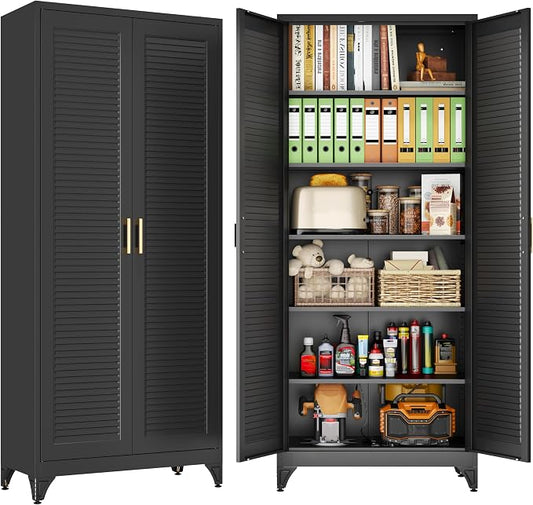 75" Metal Pantry Cabinet,Kitchen Storage Cabinet with Shelves | Louvered Metal Storage Cabinet,Adjustable Shelves,Gold Handles,Leveling Feet,Anti-tipping,for Garage/Kitchen Black