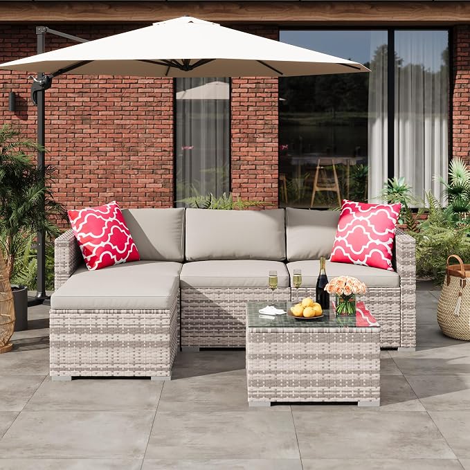 5-Piece Outdoor Sectional Sofa Set, All-Weather PE Rattan Patio Furniture with Ottoman & Tempered Glass Table, Convertible Garden Couch for Backyard, Porch, Poolside (Gray)
