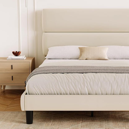 GRUSIGN Full Size Platform Bed Frame with Velvet Headboard, Adjustable Height Wooden Slats Support, Upholstered Mattress Foundation, Fits Mattress or Mattress with Box Spring, Easy Assembly, Beige